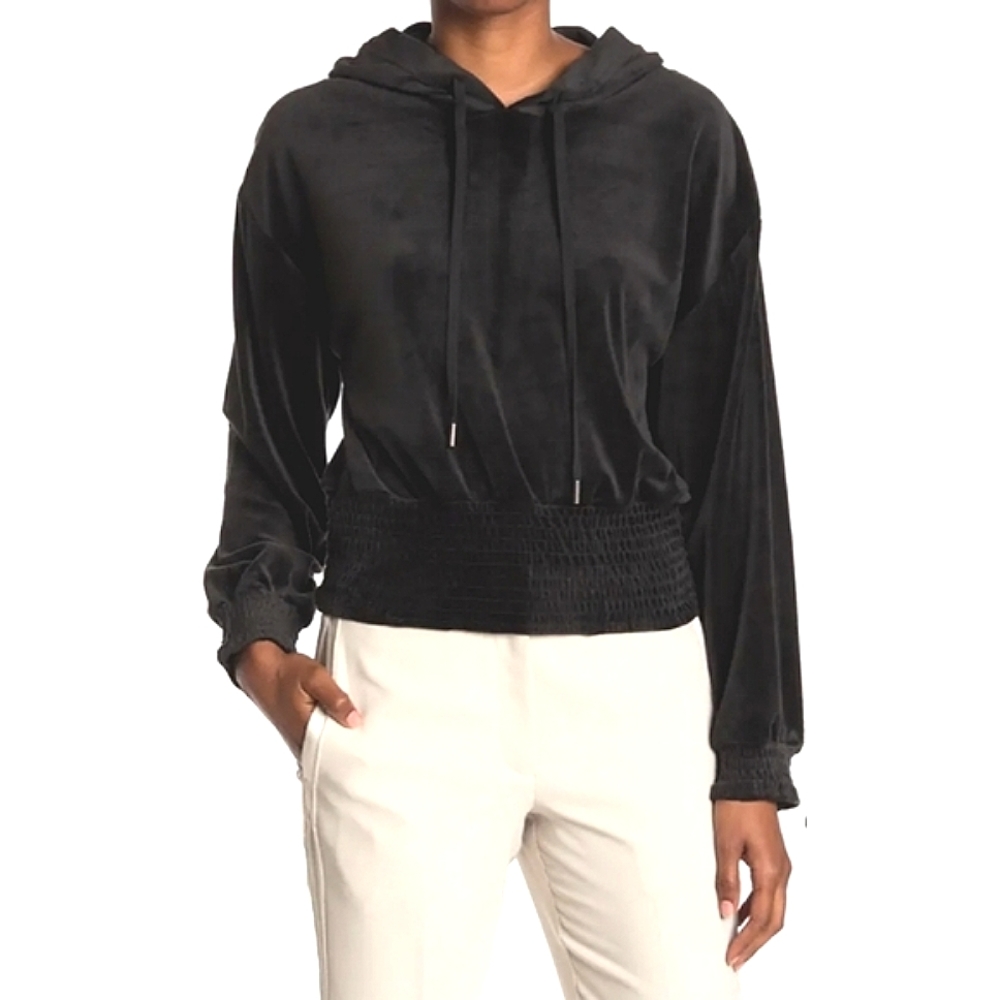 Laundry by Shelli Segal Velour Pullover Sweatshirt Hoodie Smocked Black Y2K
